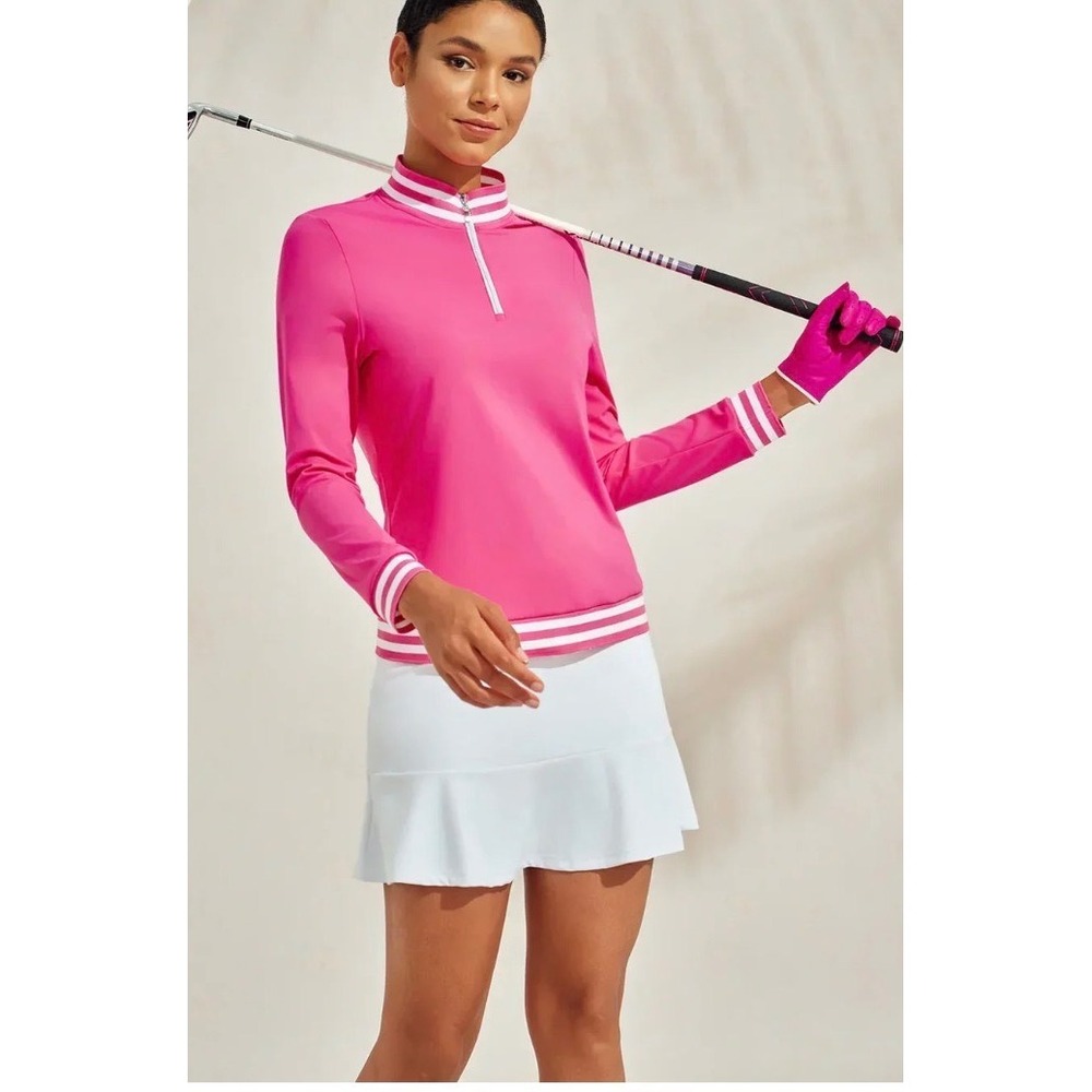 Acegolfs Womens Hot Pink Quarter Zip Golf Pullover Long Sleeve Striped Trim M